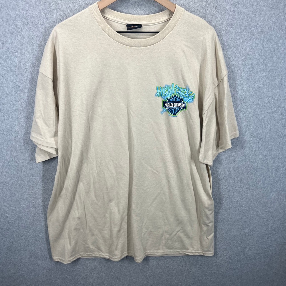 Harley Davidson T-Shirt Mens 2XL Beige High Voltage Frankenstein Graphic EUC